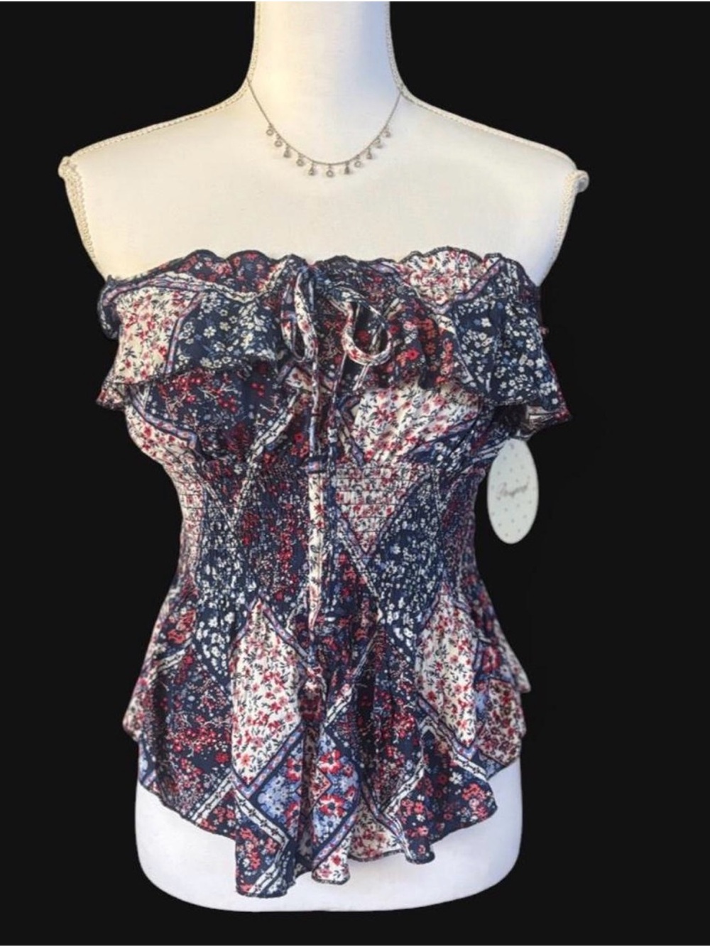 Passport Navy and Red Floral Off-Shoulder Ruffle Camisole